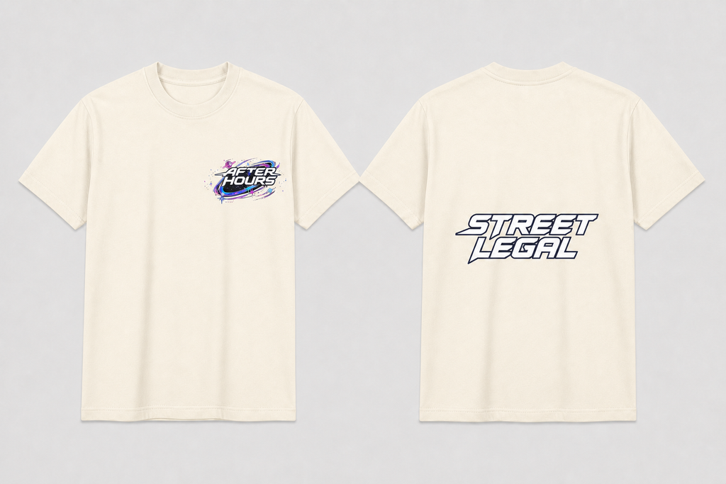 After Hours Street Legal tee in Natural cream — front and middle-back views