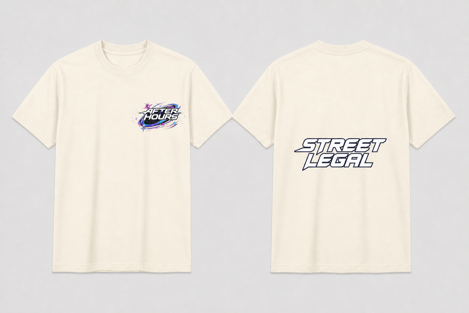 After Hours Street Legal tee in Natural cream — front and middle-back views