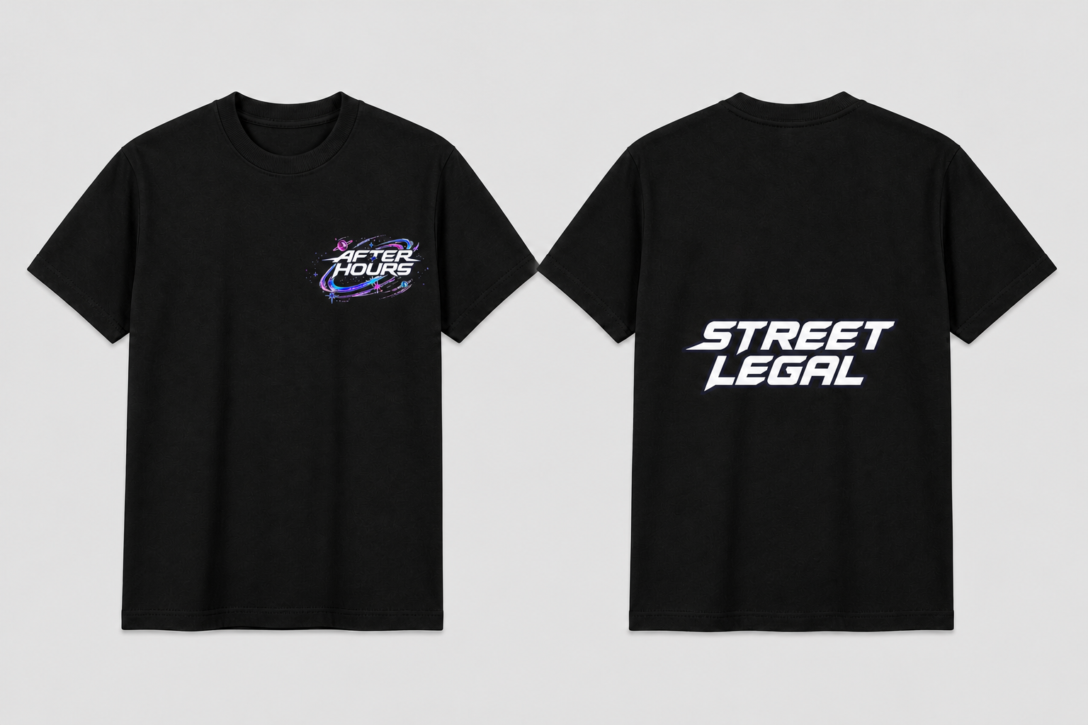 After Hours Street Legal adult tee — front logo and centered middle-back wordmark