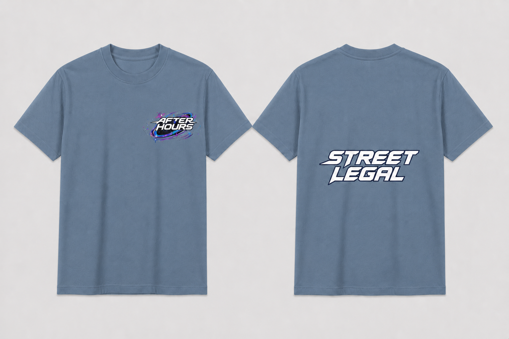 After Hours Street Legal tee in Steel Blue — front and middle-back views