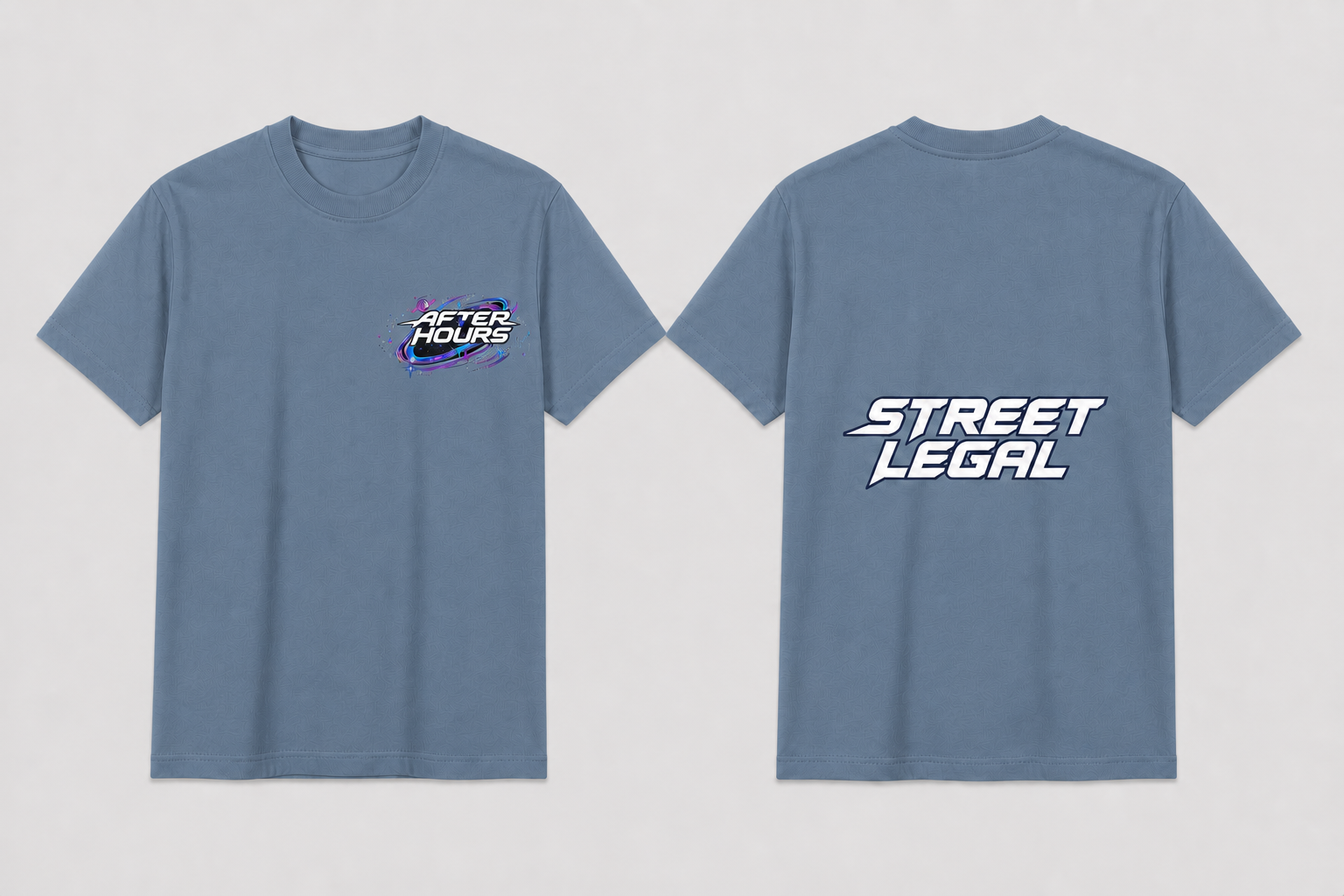 After Hours Street Legal tee in Steel Blue — front and middle-back views